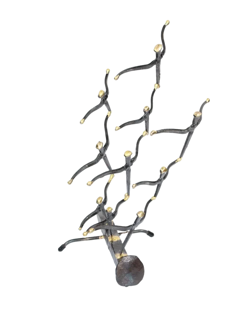 Freestanding metal sculpture of nine abstract gull figures made of steel cut nails, welded together and the wings tipped with bronze, with the group mounted on a railroad spike