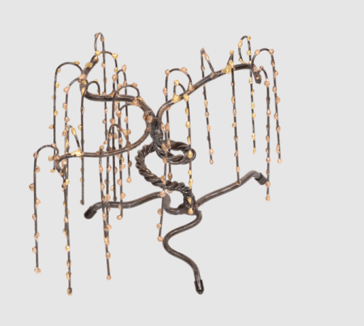 Freestanding metal sculpture of a weeping willow tree with a twisted steel trunk, and steel branches adorned with small, bronze spheres on the branches.