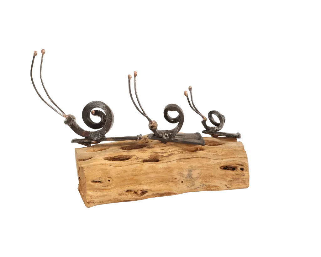 Freestanding snail metal sculpture on a piece of cholla cactus limb, featuring three different size snails with spiraled steel cut nail shells and thin steel antennae with bronze tips.