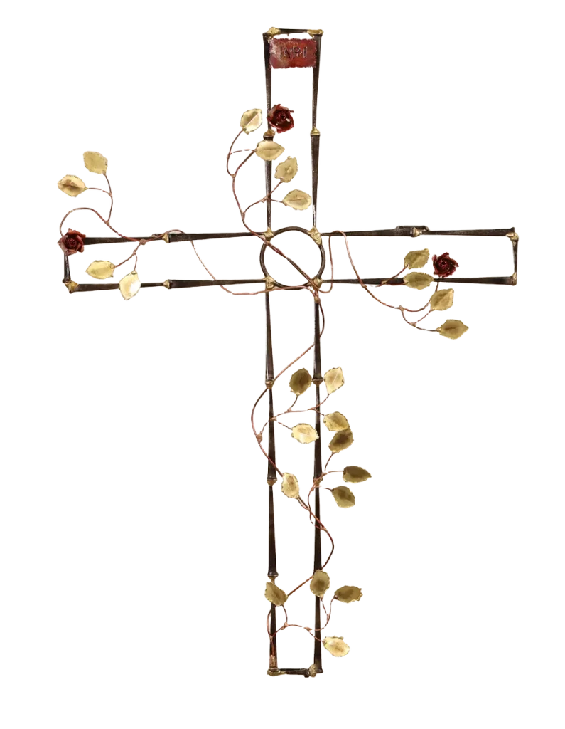 Ornate wall-mounted metal sculpture cross, made of steel cut nails and decorated with copper vines, brass leaves and copper roses. It is symbolic of the pain, suffering and resurrection of Jesus after crucifixion.