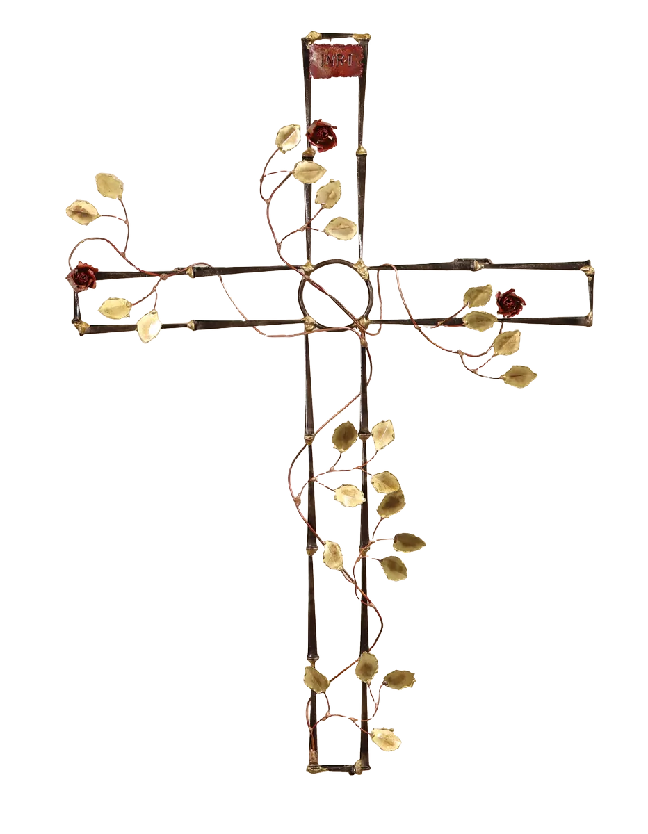 Ornate wall-mounted metal sculpture cross, made of steel cut nails and decorated with copper vines, brass leaves and copper roses. It is symbolic of the pain, suffering and resurrection of Jesus after crucifixion.